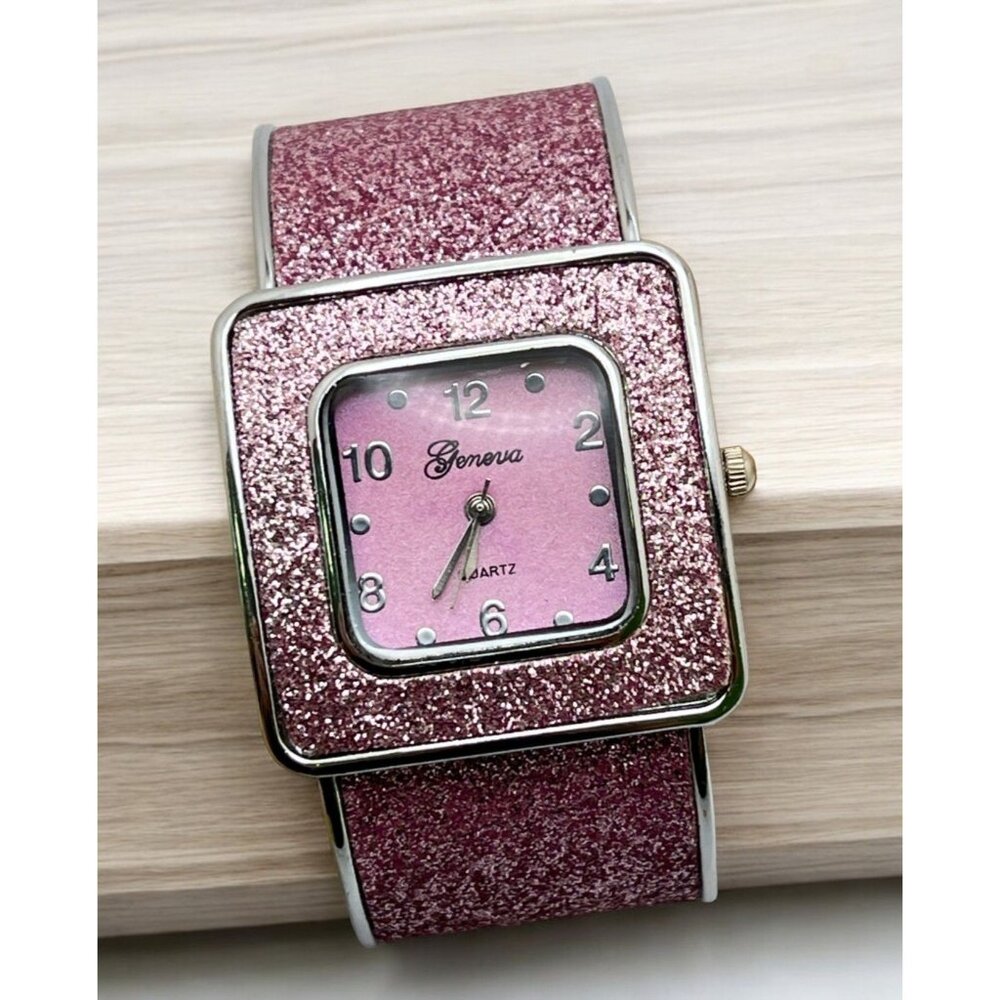 Geneva Pink Sparkle Glitter Watch Bangle Cuff Quartz Silver Tone